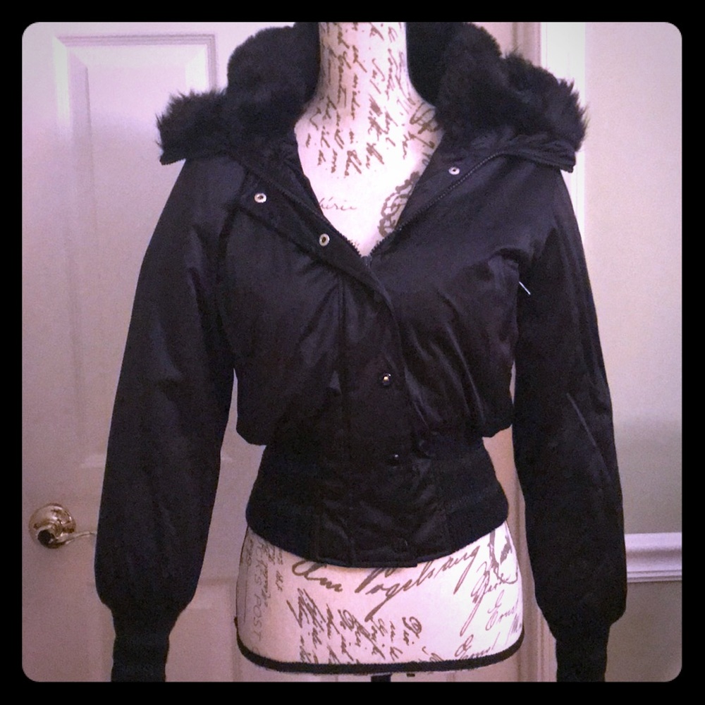 Bebe sport short coat with fur hood.